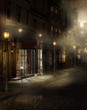 Wiktoriańska ulica nocą we mgle
