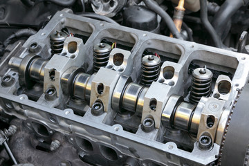 Modern car engine, camshaft springs and valves