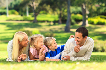 Family lying down in the park