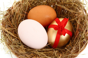 Wall Mural - Brown,white and golden hen's egg in the grassy nest