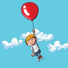 Cartoon Of A Boy Hanging Onto A Baloon
