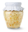 Isolated sauerkraut. Marinated cabbage (sauerkraut) in glass jar with paper lid isolated on white background