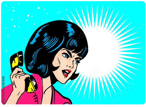 Board z aluminiowym obramowaniem Zły kobieta na telefon retro clipart komiks stylu książki banner