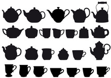 Coffe And Tea Pots With Cups, Vector