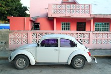 Caribbean Pink House Tropical Retro Car Facade