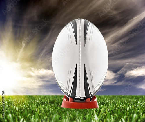 Plakat na papierze fotorealistycznym Piłka rugby gotowy do kopnięcia na boisku