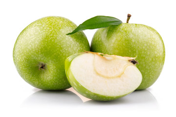 Wall Mural - Ripe green apple with slices isolated on white