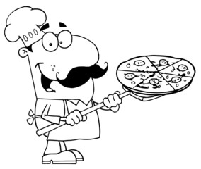 Outlined Male Pizzeria Chef Holding A Pizza