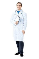 Full body portrait of happy smiling doctor, isolated on white