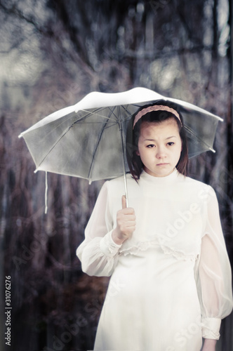 Sad Asian Girl Standing Under The Rain With Umbrella Buy