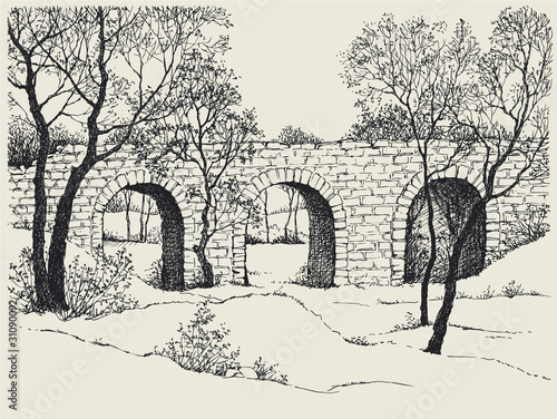 Landscape Sketch Of An Old Stone Bridge In The Forest Buy This Stock Vector And Explore Similar Vectors At Adobe Stock Adobe Stock