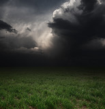 Fototapeta Sport - Dark storm clouds over meadow with green grass