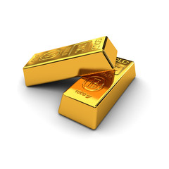 Two gold bars over white background