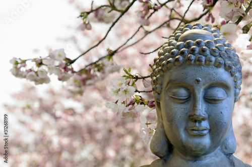 Plakat na papierze fotorealistycznym Zen Budda medytuje pod drzewami wiśni