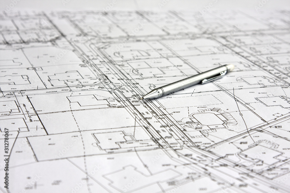 ołówek na białym planie budowy architektonicznym - obrazy, fototapety, plakaty 