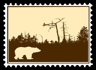 Wall Mural - silhouette bear on postage stamps