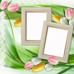 Wall Mural - Three picture frames and tulips flowers