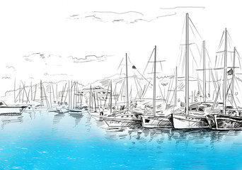 Wall Mural - Sailing yachts and boat illustration