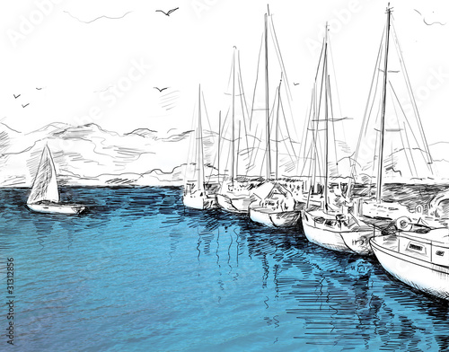 Sailing yachts and boat illustration