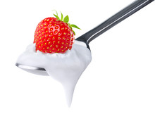 Isolated Yogurt. Spoon Of Natural Yogurt With Strawberry On Top Isolated On White Background