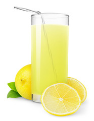 Poster - Isolated drink. Glass of fresh lemonade and pieces of cut lemon fruit isolated on white background