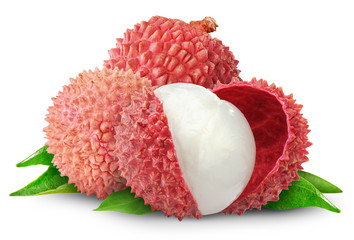 Fototapete - Isolated fruits. Fresh cut lychees isolated on white background