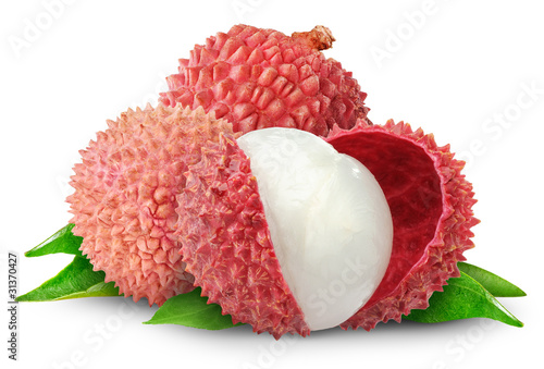 Fotografía Isolated fruits. Fresh cut lychees isolated on white background