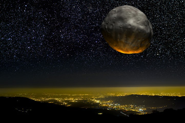 Wall Mural - asteroid impact over a city at night.