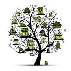 Poster - Tree with green houses on branches