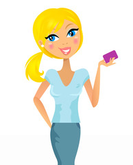 Cute blond hair girl with credit / customer card - isolated on w