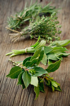 Fresh Herbs On Wooden Surface