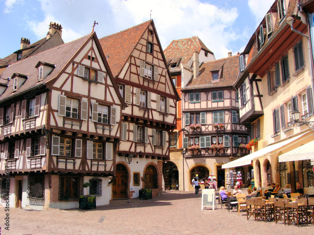 Picturesque square in the Alsatian city of Colmar, France - obrazy, fototapety, plakaty 