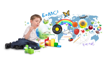 Wall Mural - smart genius boy blowing scinec and art bubbles