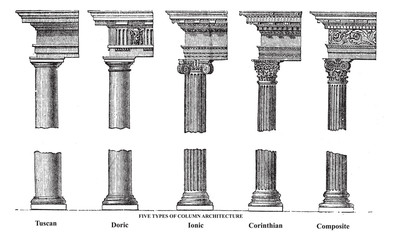 Wall Mural - Five types of old column architecture old engraving