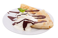 Crepe With Ice Cream And Chocolate. Isolated, Clipping Path