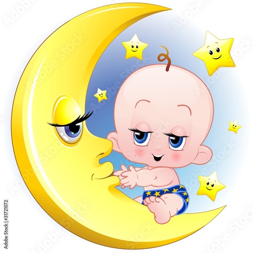 Naklejka na meble Bambino Neonato e Luna Cartoon-Baby with Moon-Vector