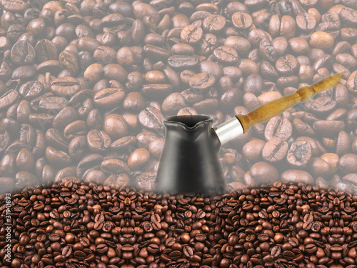 Fototapeta na wymiar background with coffee beans and turk