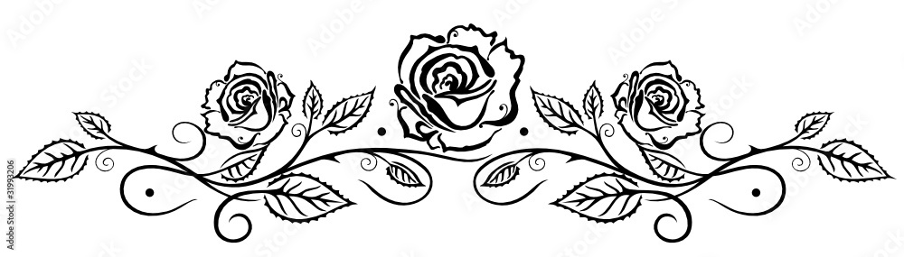 Stock-Vektorgrafik „Rose, Rosen, Ranke, Blumen, Blüten, Blätter, schwarz“