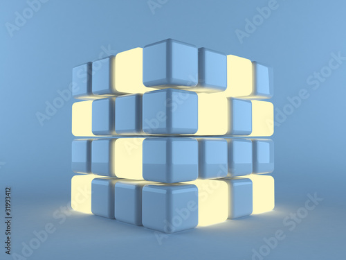 illuminated cubes 3d on blue background