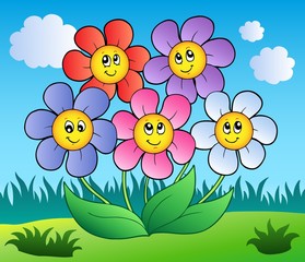 Poster - Five cartoon flowers on meadow