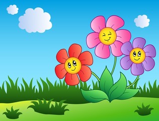 Poster - Three cartoon flowers on meadow