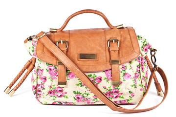 Light brown women's leather purse  with floral pattern on white