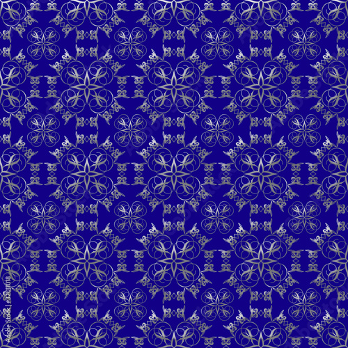 Fotografie, Obraz Silver Design and Prussian Blue Damask Seamless Pattern