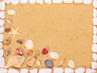 Wall Mural - Sea shells and stones frame on sand