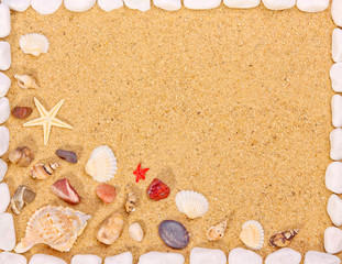 Wall Mural - Sea shells and stones frame on sand