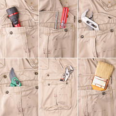 Collection of tools in trousers's pockets