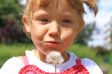 Fototapeta  - Little girl blowing dandelions on the meadow