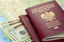 Passports And Money Over Map Background