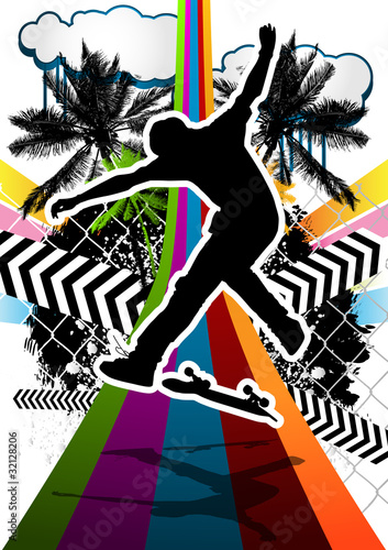 Plakat na zamówienie Summer abstract background design with skateboarder silhouette.