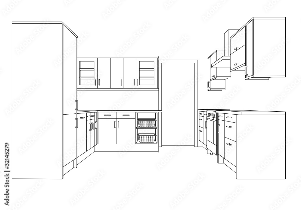 A 3d Single Point Perspective Line Drawing of a Fitted Kitchen